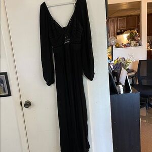 Free People Black Long Sleeve Maxi Dress with Eyelet Front Button Back  Small